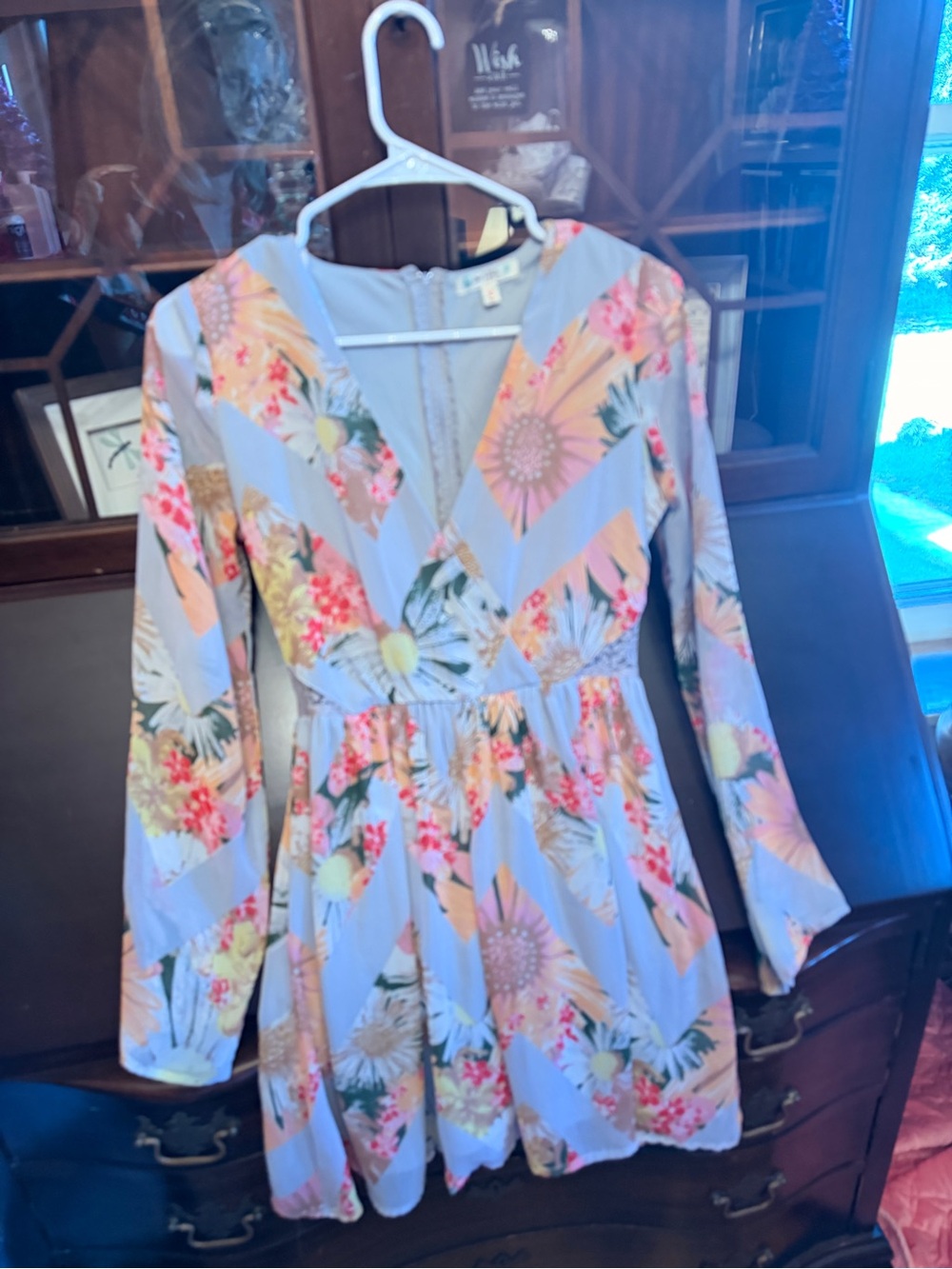 Women’s Light Blue Floral Long-Sleeve Fit & Flare Dress